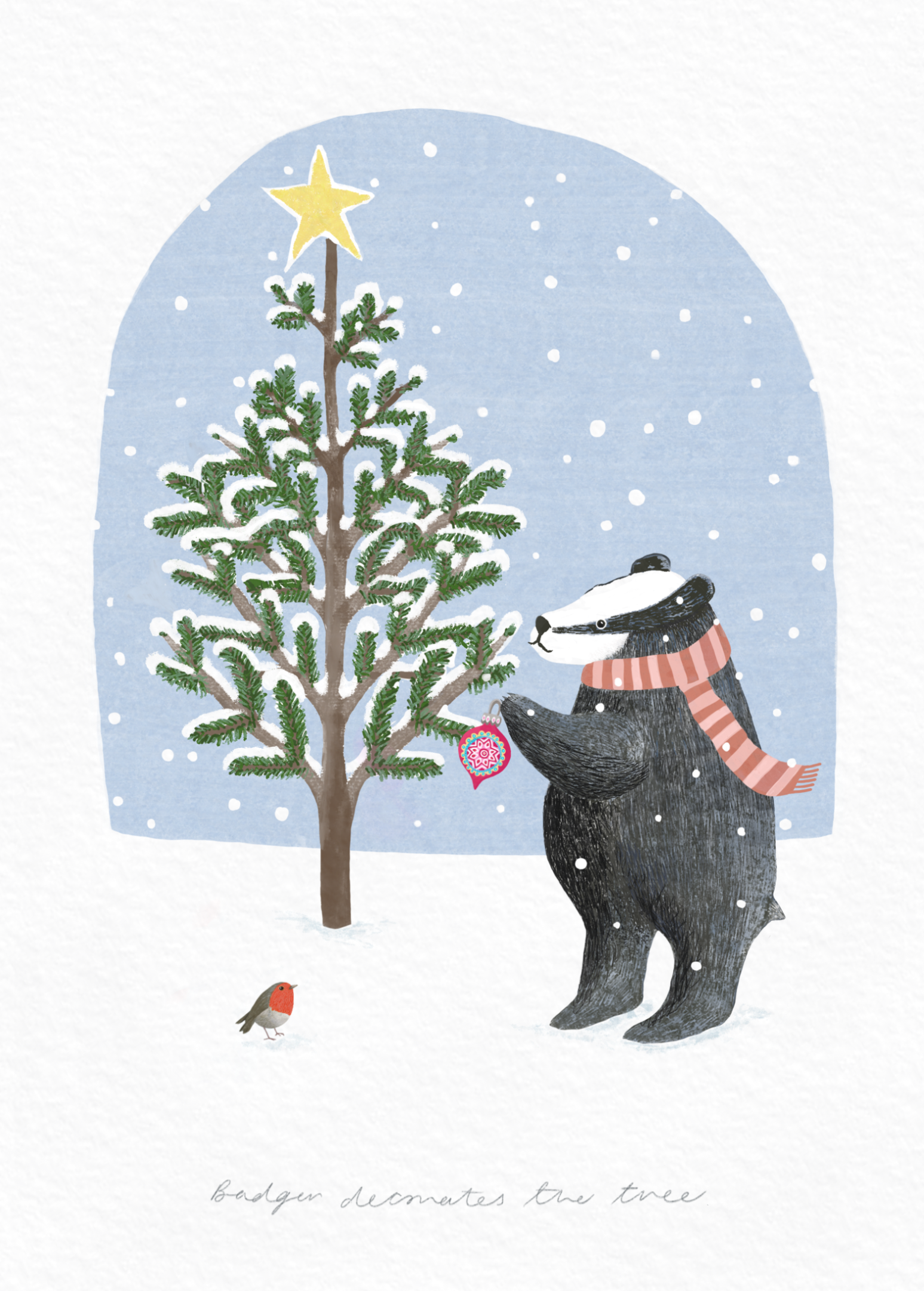 Illustration of a badger decorating a Christmas tree with a star, surrounded by snowflakes.