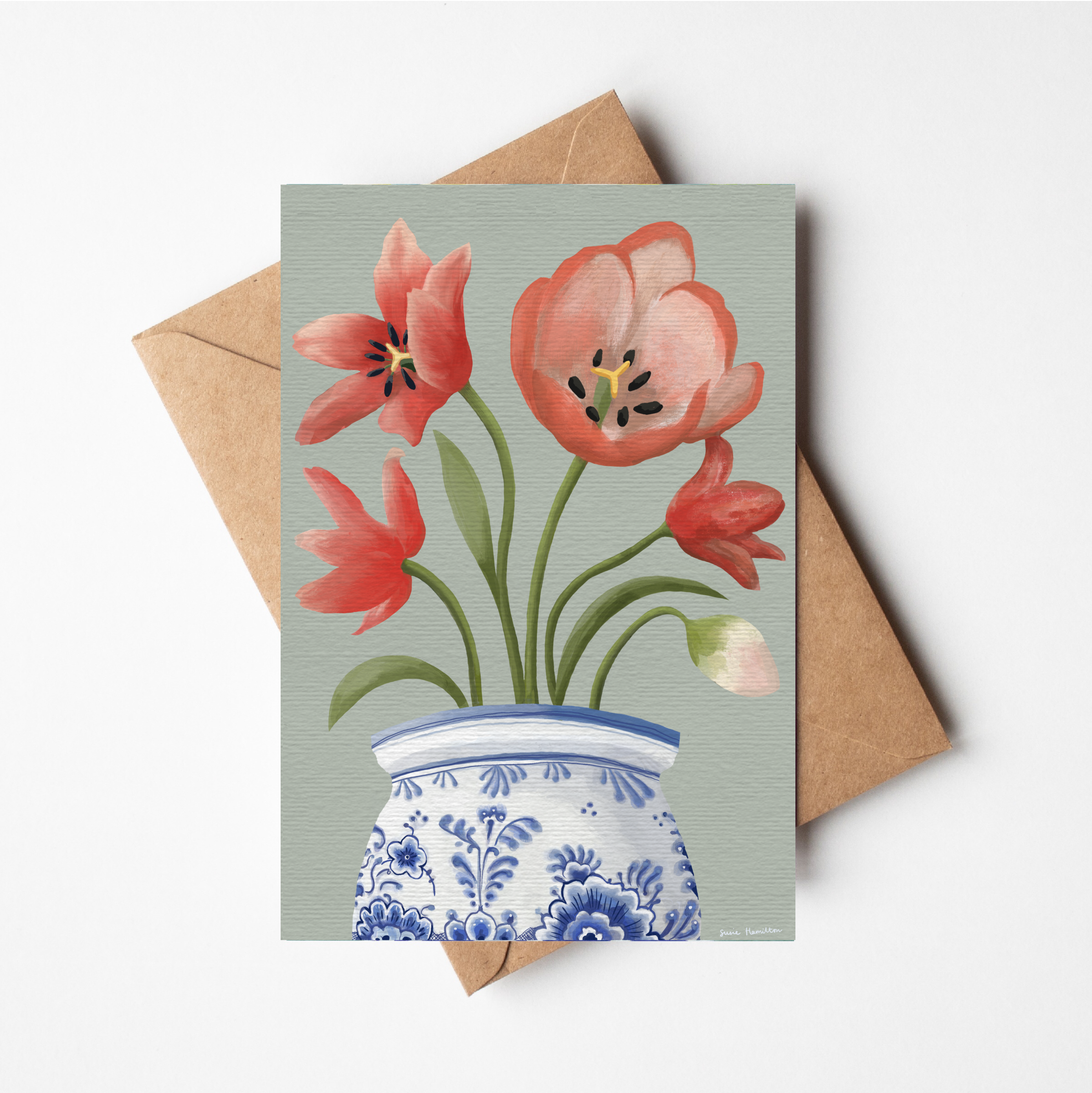 Tulips in Delft Vase Card & Envelope